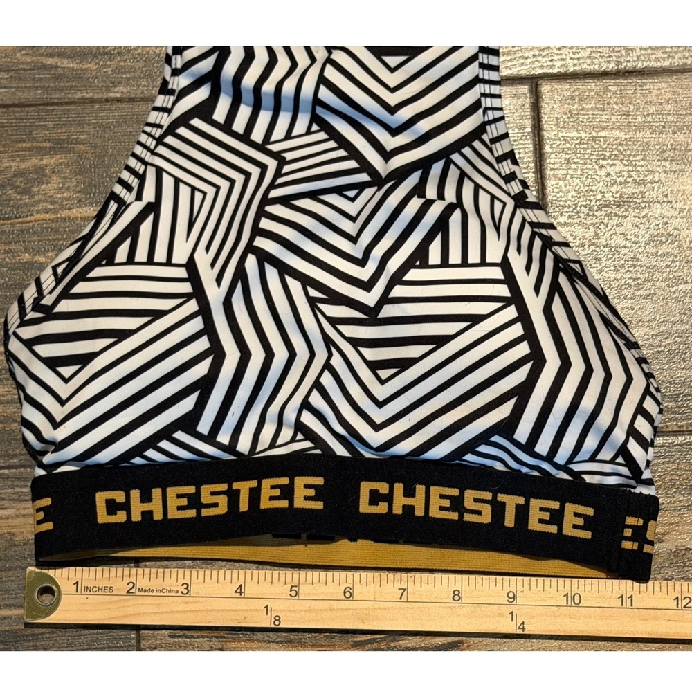Chestee Padded Collar Weightlifting Sports Bra Geometric Black White Gold XS\S - Picture 4 of 5